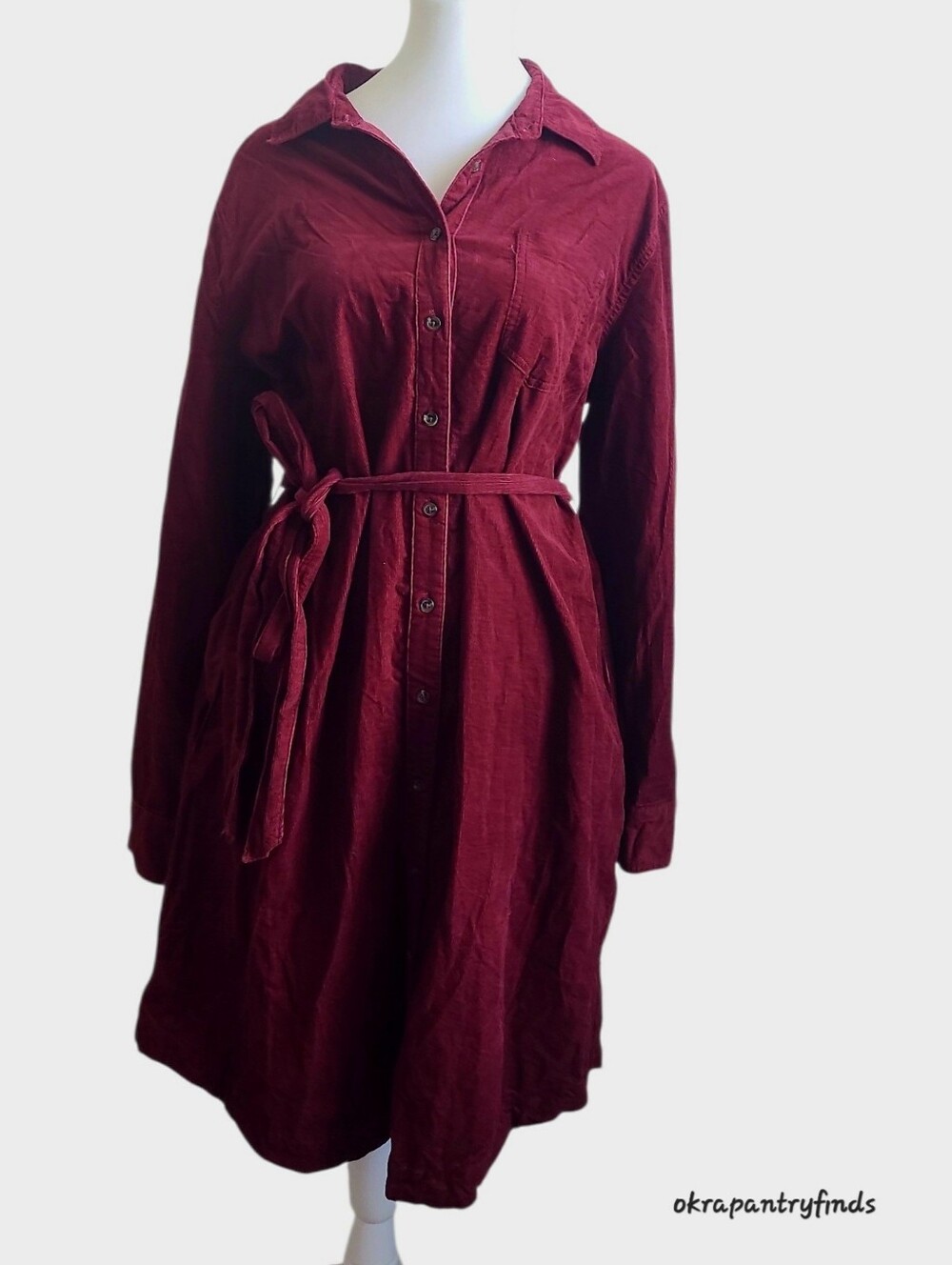 Lands End Corduroy Shirt Dress Burgundy Long Sleeve Pockets Size L